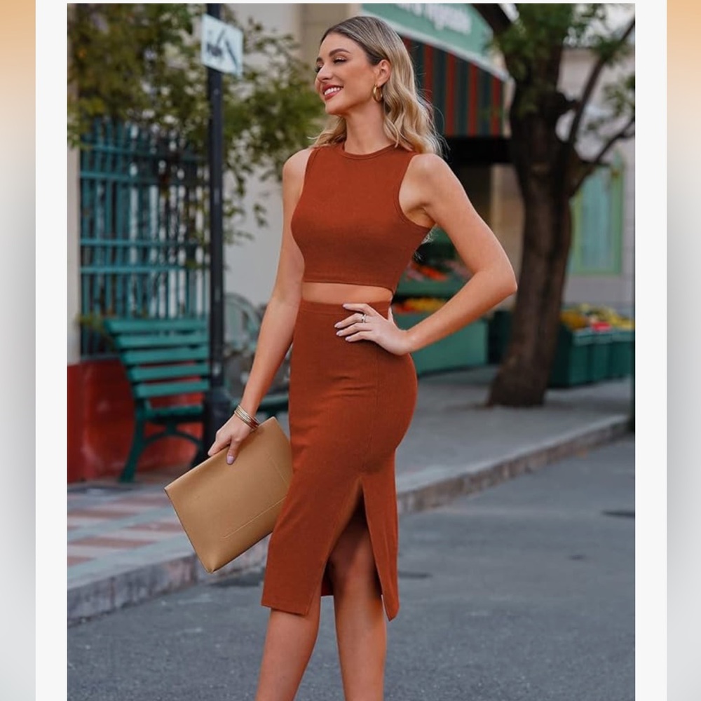 Rust Crop Top & Midi Skirt Set Size Small NWT
